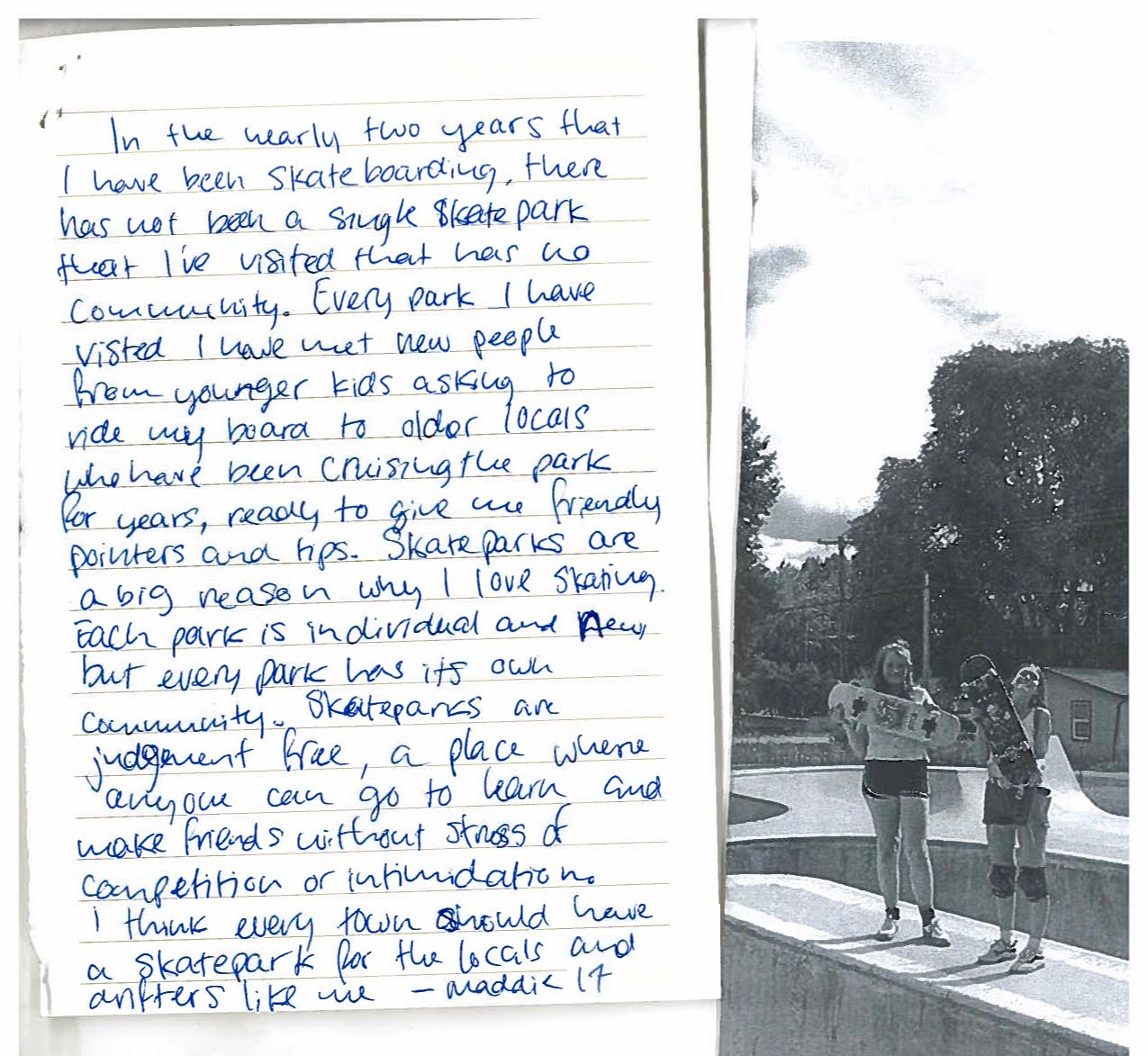 Handwritten letter of support from a teen with description of why skating is important to the author, and a photo of two teenage girls holding skateboards at a skate park.