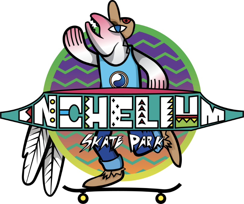Inchelium Skate Park mascot, a fish character on a skateboard